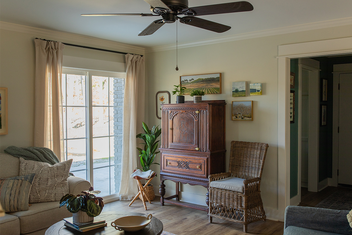 Living room with Tea Stain Valspar Color and Gilded Linen