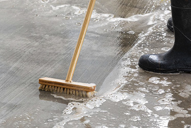Push broom clearing liquid off concrete floor. Rubber boots in background.
