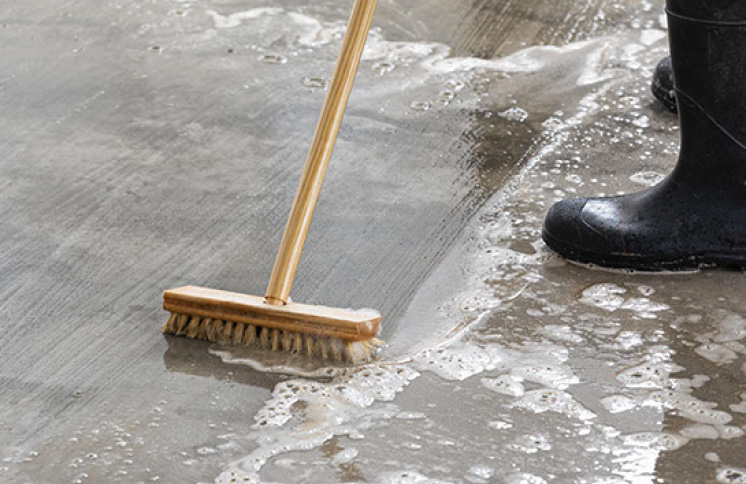 Push broom clearing liquid off concrete floor. Rubber boots in background.