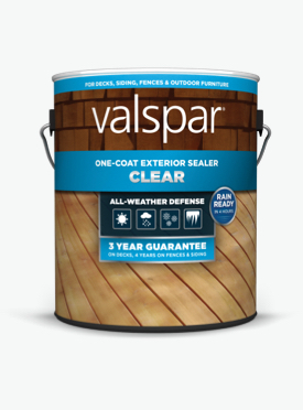 Can of Valspar One-Coat Clear Exterior Sealer; blue band on label with brick and decking images.  