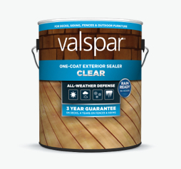 Can of Valspar One-Coat Clear Exterior Sealer; blue band on label with brick and decking images.