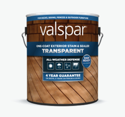 Can of Valspar One-Coat Transparent Exterior Sealer; dark blue band on label with brick and decking images.