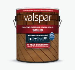 Can of Valspar One-Coat Solid Exterior Sealer; red band on label with brick and decking images.