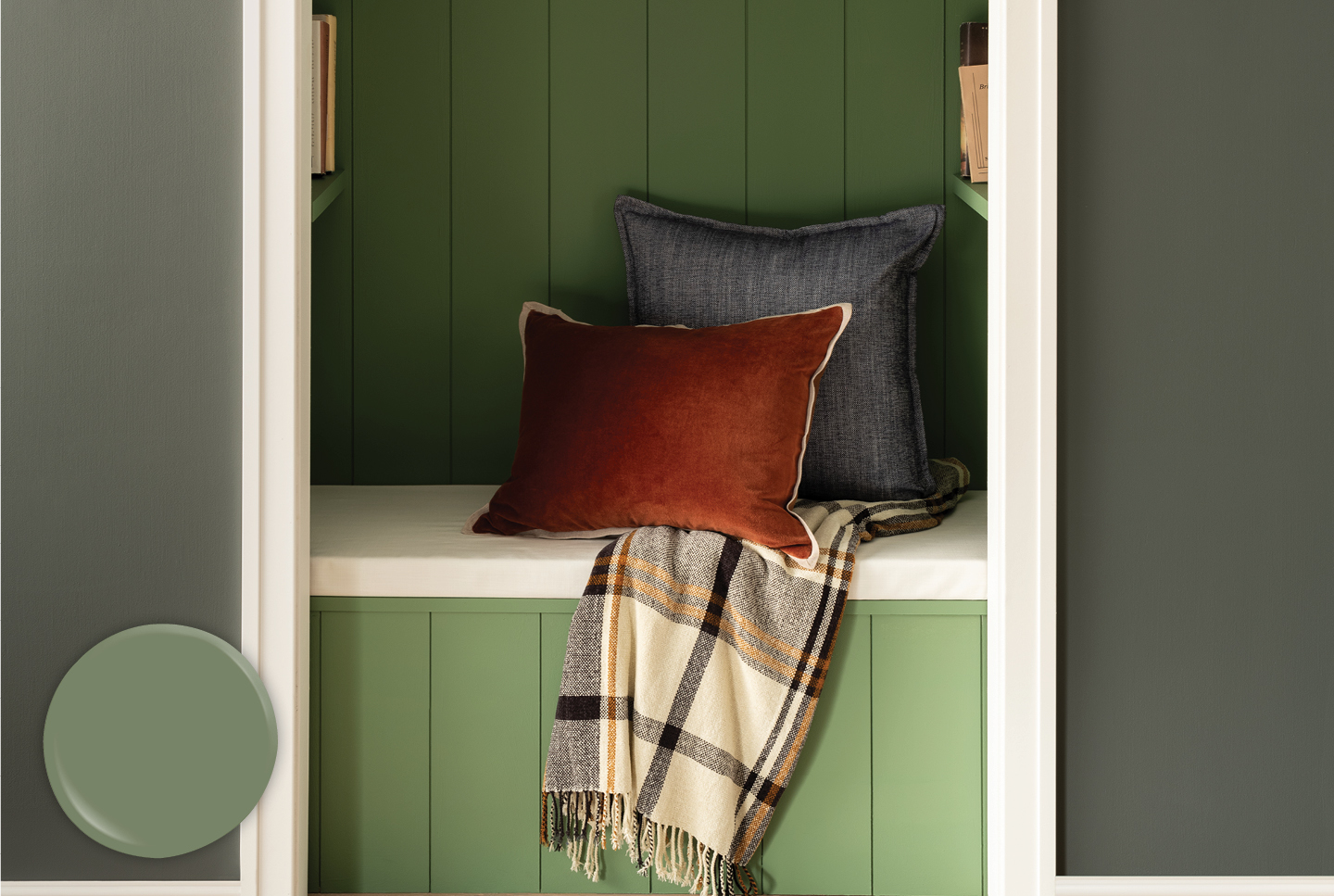 Paneled built-in bench in Northern Glen, with pillows and throws.  