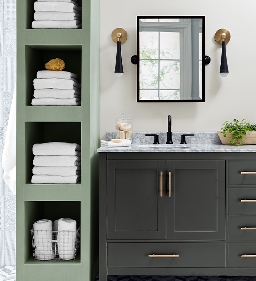 Modern bathroom with mirror and sconces, a Du Jour wall, tall Salty Sea shelving and a Caviar vanity.